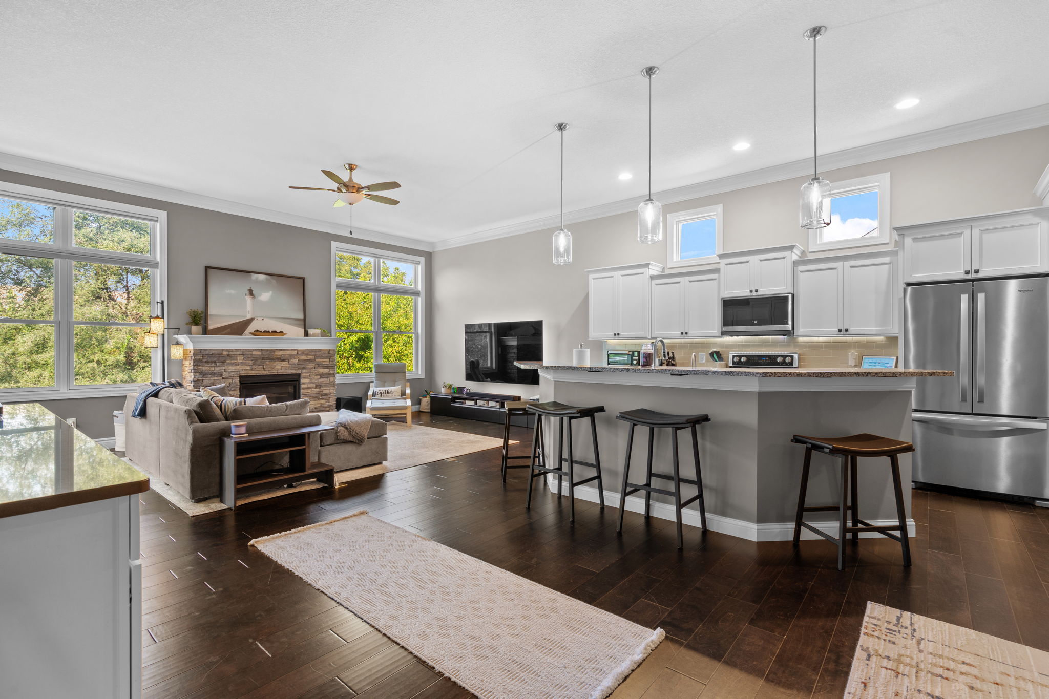 Kitchen and living room open concept with fireplace